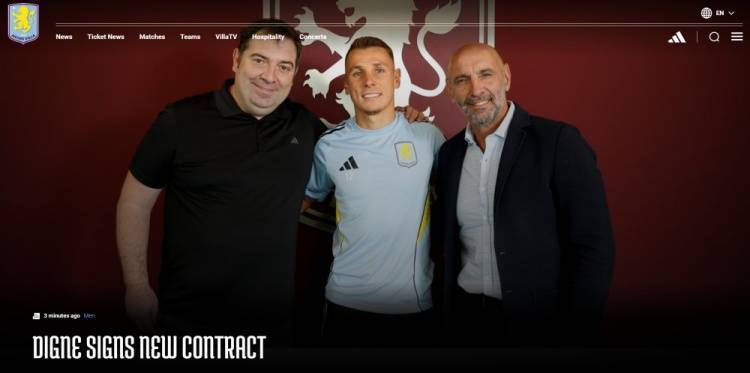 官方:阿斯顿维拉与32岁左后卫迪涅续约至2028年